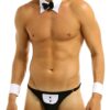 Sexy Mens Waiter Lingerie Set T-Back Tuxedo Costume G-string Thong Jockstraps Gay Male Underwear with Bow Tie Collar Wrist Cuff