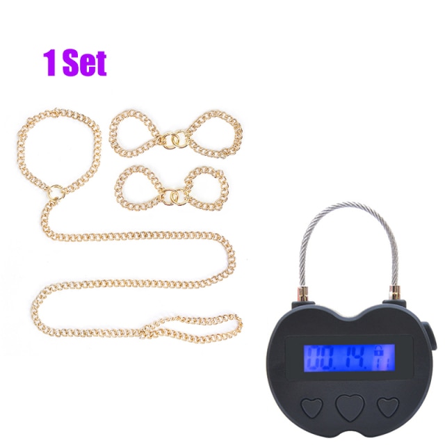 USB Rechargeable Time Lock For Metal Handcuffs Ankle Cuff Neck Collar Electronic Timer Bdsm Bondage Chastity Adult Game Sex Toys – full set black